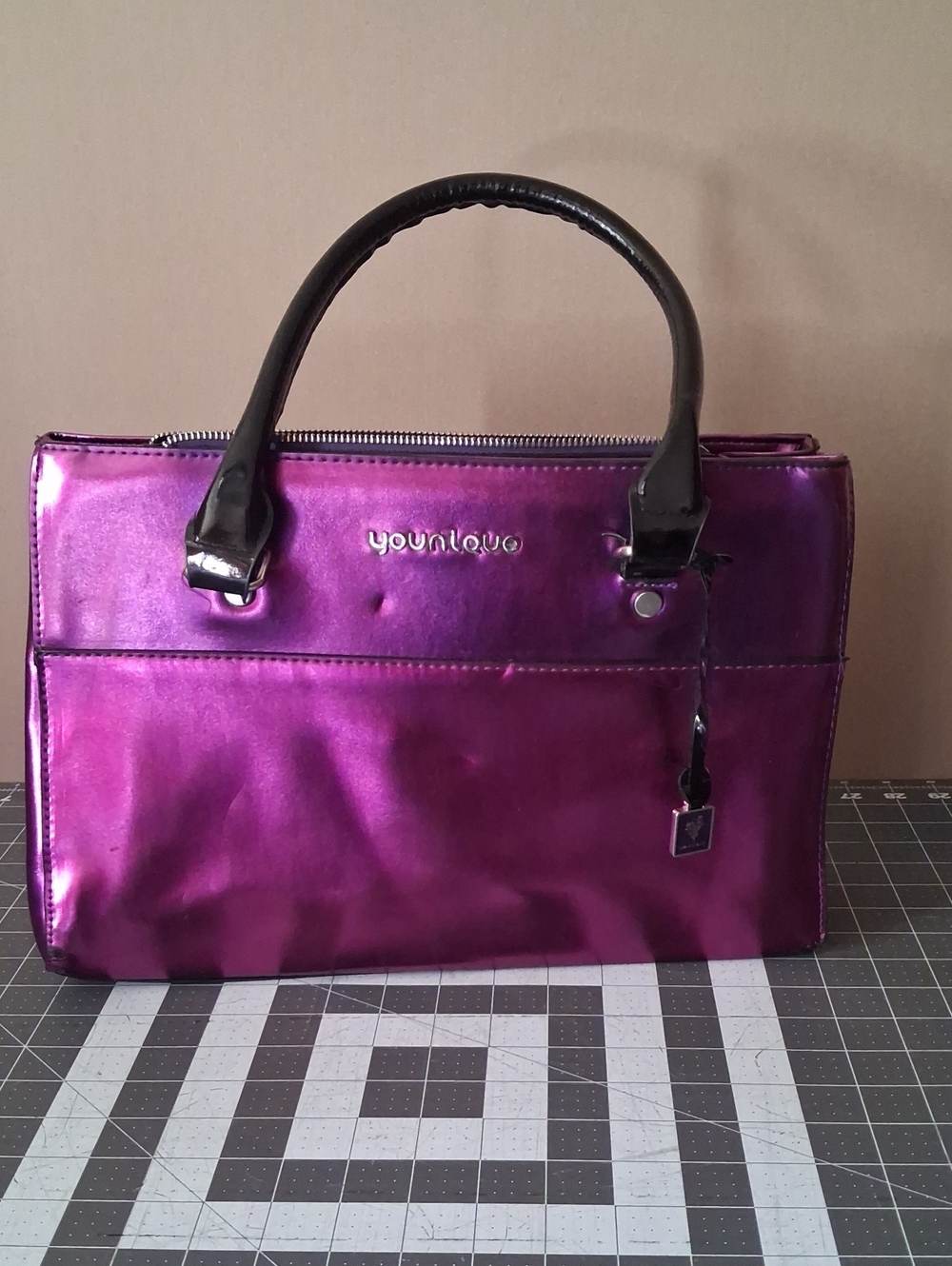 Younique Metallic Fuchsia Top-Handle Satchel with Black Handles